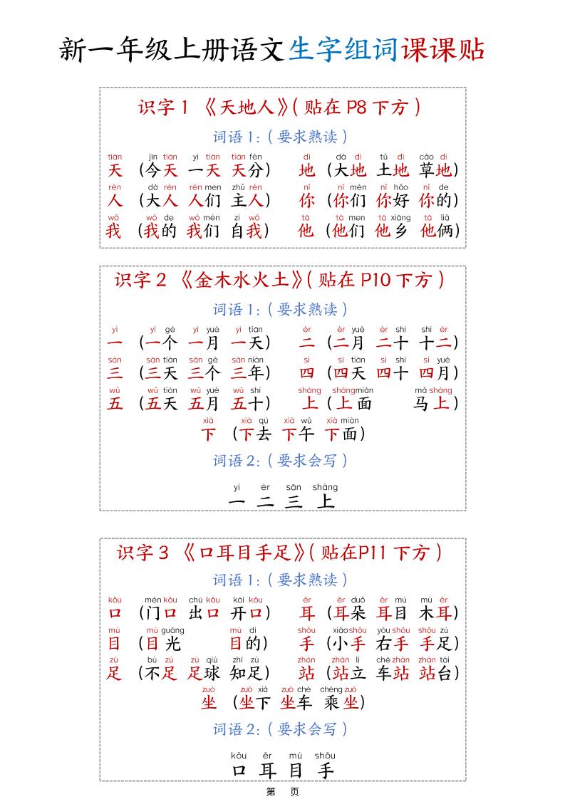 新一年级上册语文生字组词课课贴15页