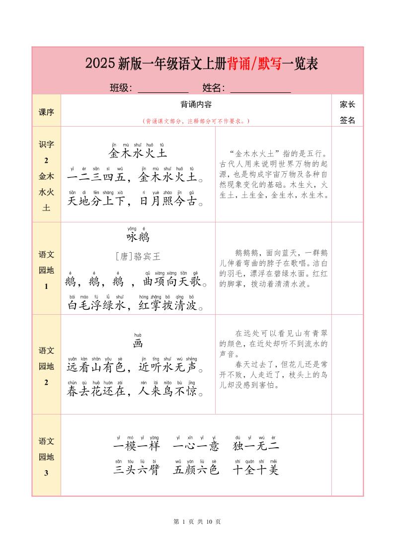 一年级上册语文【25秋-必背内容+默写表】