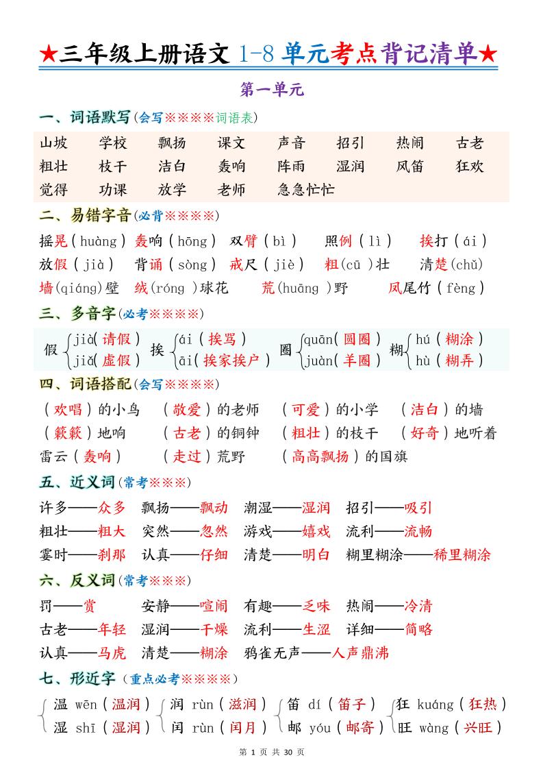 新三年级上册语文1-8单元考点背记清单30页