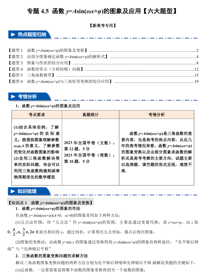 2026年高考数学一轮复习【举一反三】专练(新高考专用)专题练系列 4.5 函数y=Asin(ωx+φ)的图象及应用【六大题型】