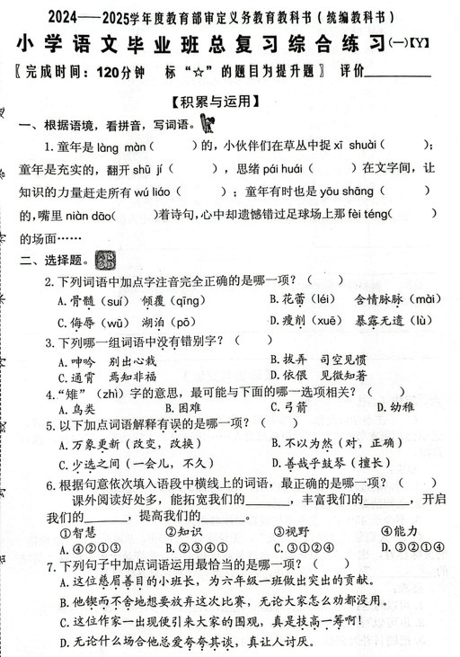 福建省泉州市（Y卷）2024-2025学年六年级下学期期末语文毕业总复习综合练习一