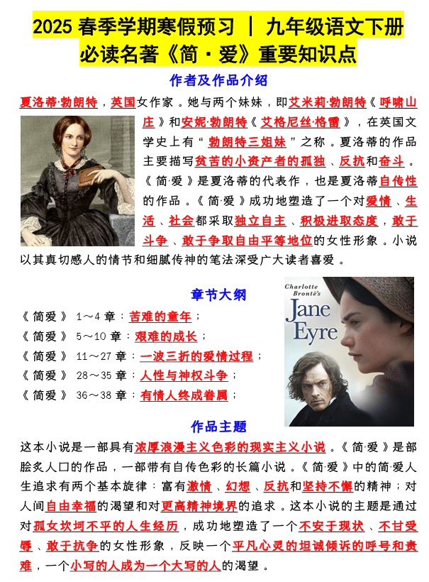 寒假预习 _ 九年级语文下册必读名著《简·爱》重要知识点