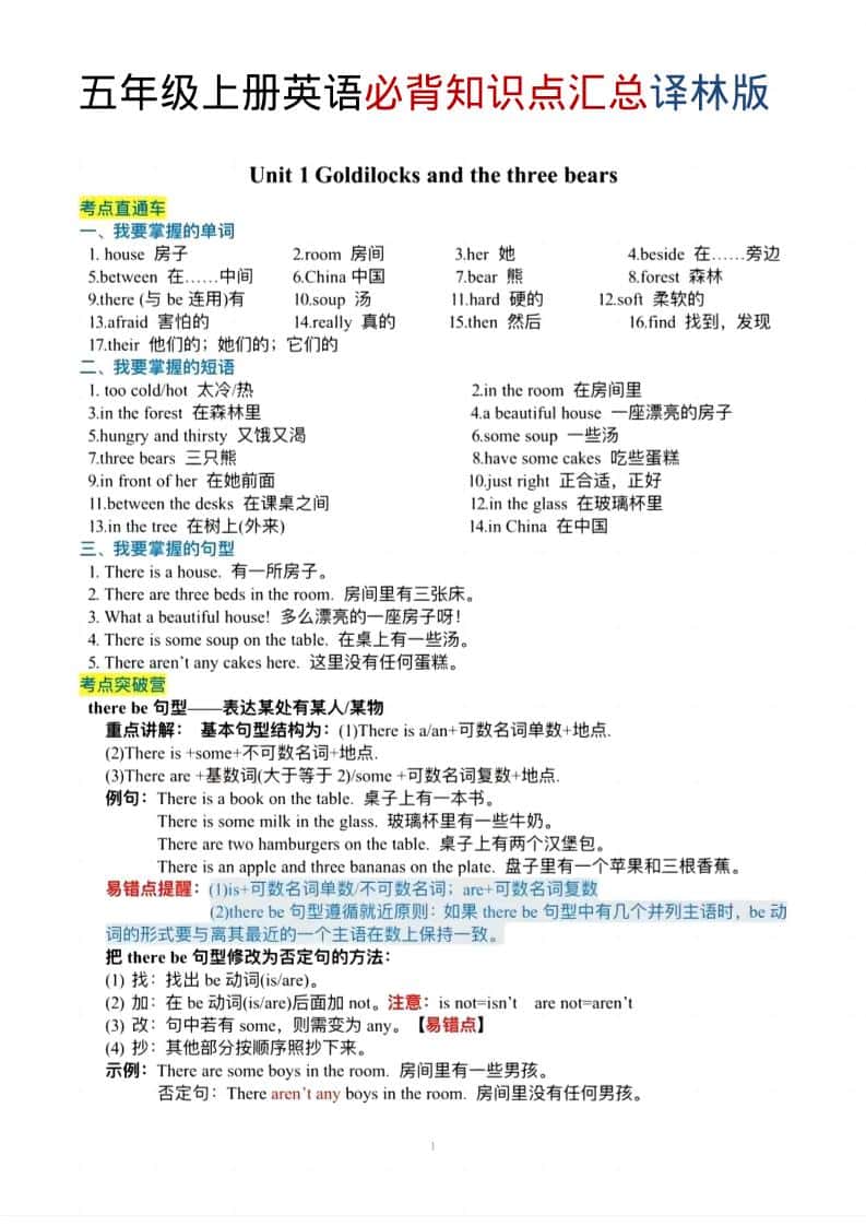五年级上英语必背知识单《译林版》