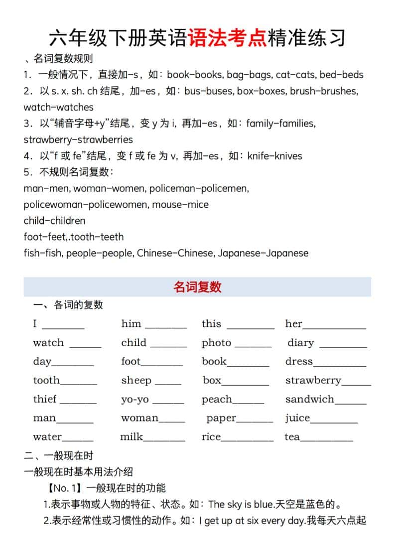 【英语】【通用】六年级下册英语语法考点精准练习