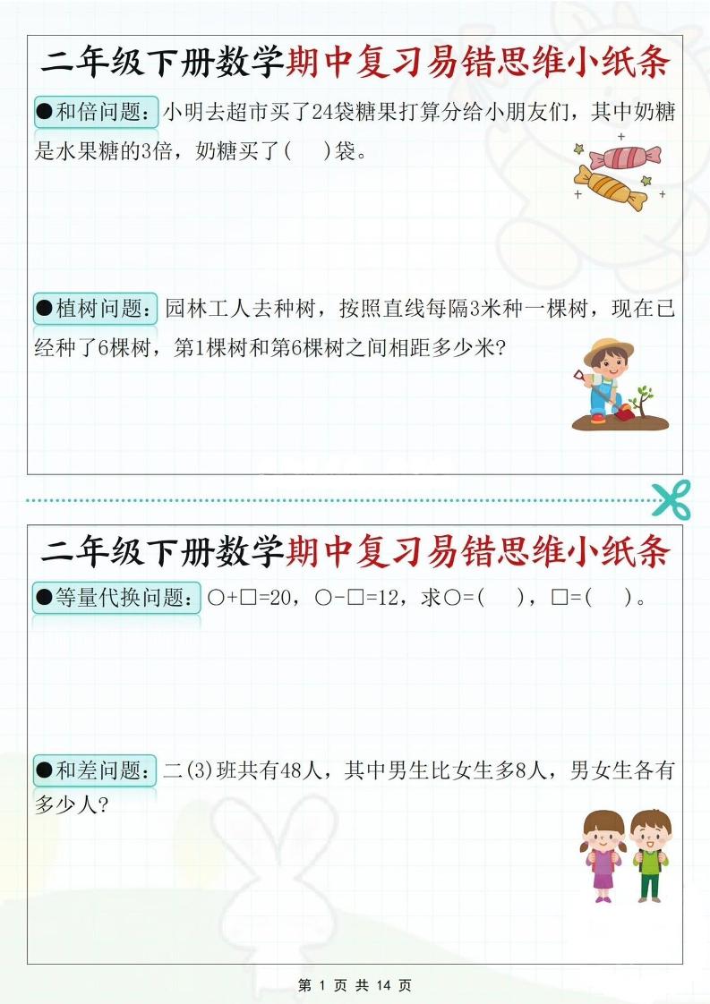 二年级下册册数学期中复习易错思维小纸条（含答案14页）