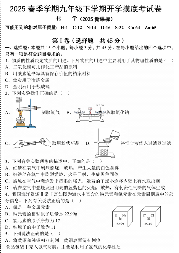 2024-2025学年九年级下学期化学开学摸底考试卷