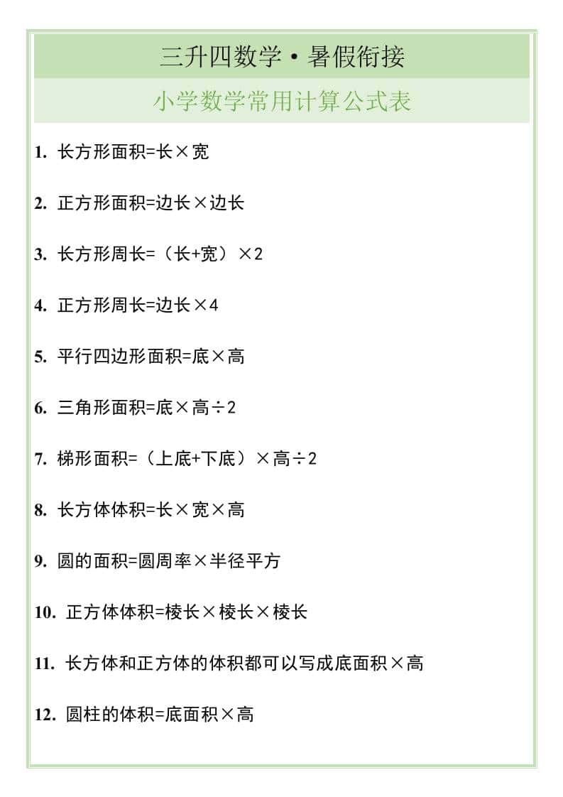 三升四暑假衔接，小学数学常用计算公式表