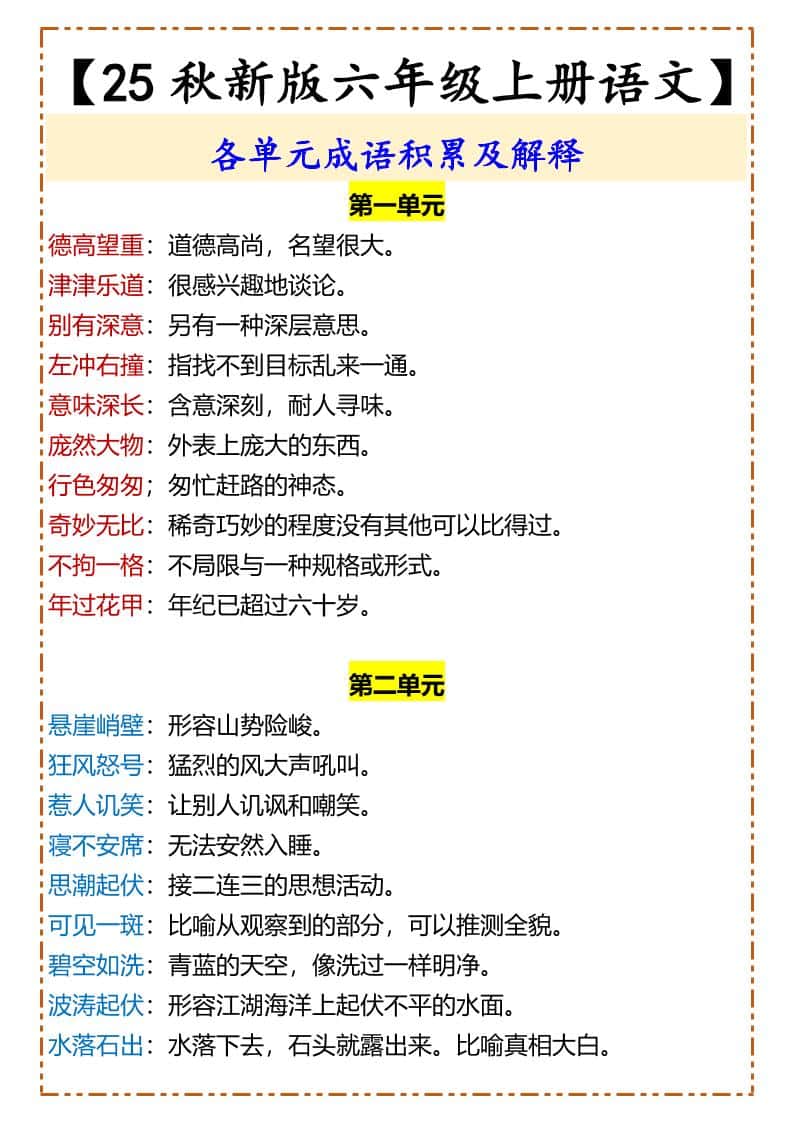 【2025秋新版】【六年级上册语文】各单元成语积累及解释