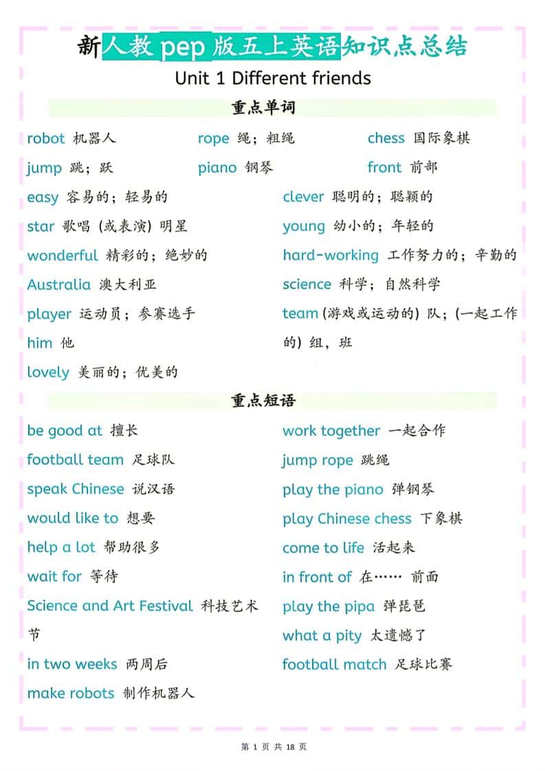 26秋新人教pep版五年级上册英语知识点总结