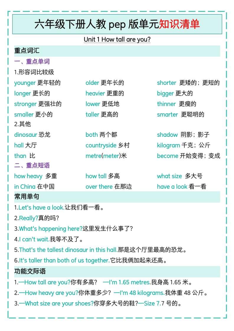 六年级下册英语人教pep版单元知识清单