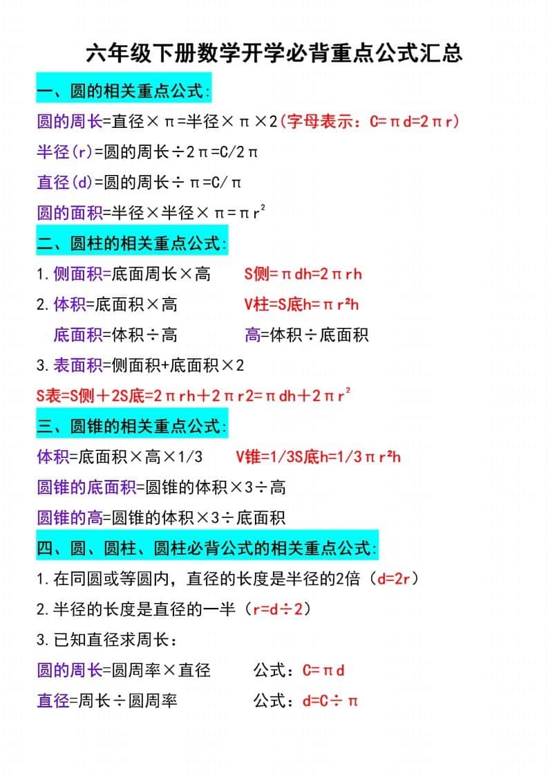 六年级下册数学必背重点公式汇总