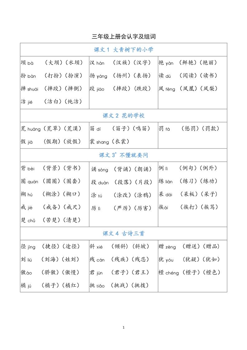 三年级上册册语文-识字表注音组词