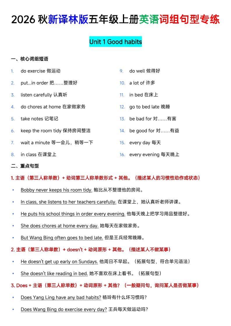 新译林版五年级上册英语U1-U8词组句型专项训练