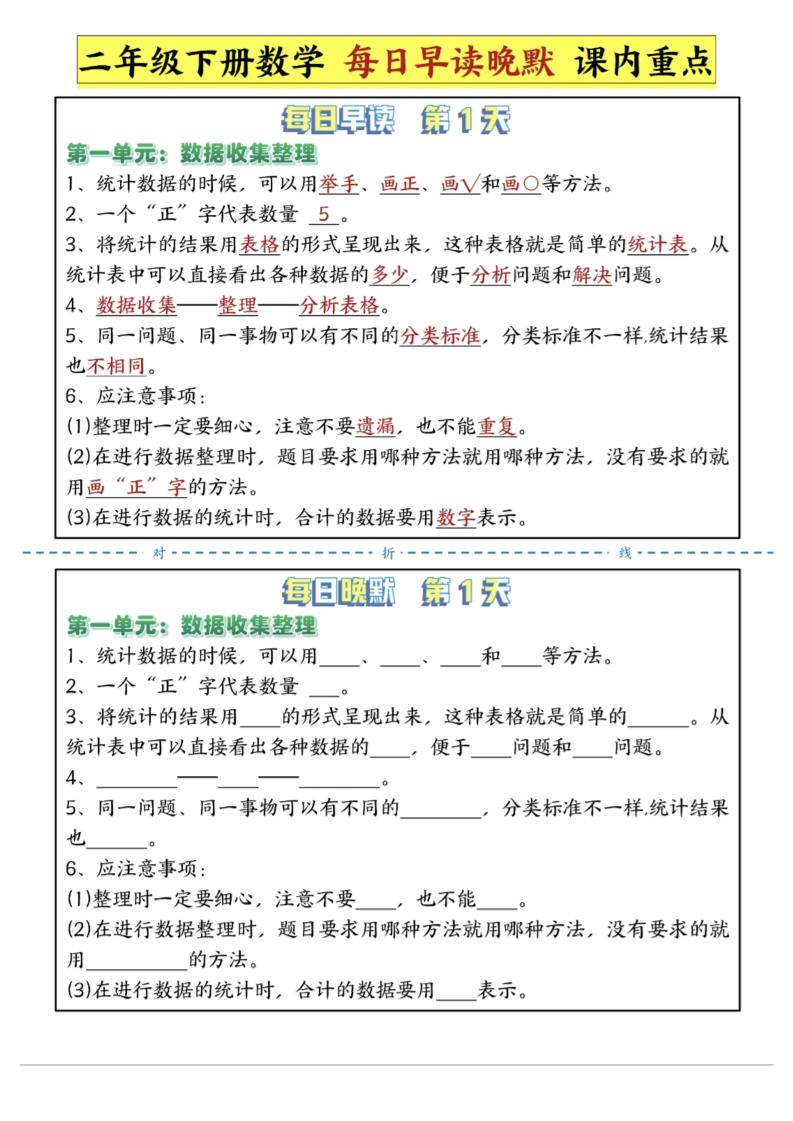 二年级下数学重点每日早读晚默（14页）