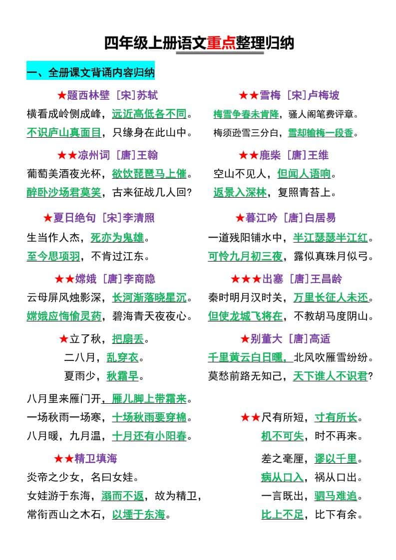 四年级上语文重点整理归纳
