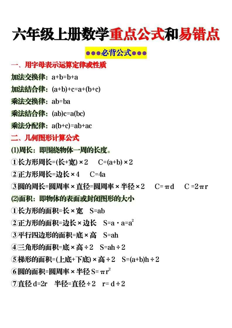 六年级上册数学重点公式和易错点6页