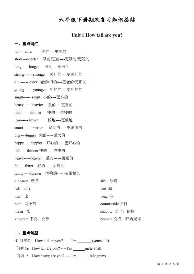 六年级下册人教版PEP英语期末复习知识总结