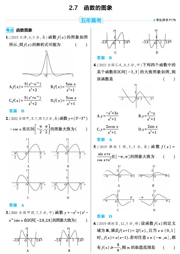 2026《53高考总复习A版》数学 精练册 2 7 函数的图象