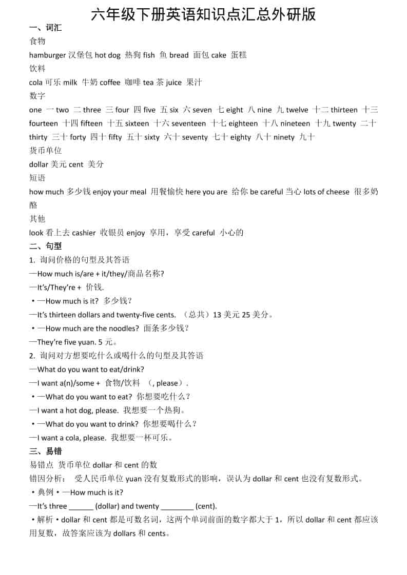 六年级下英语知识点汇总《外研版》