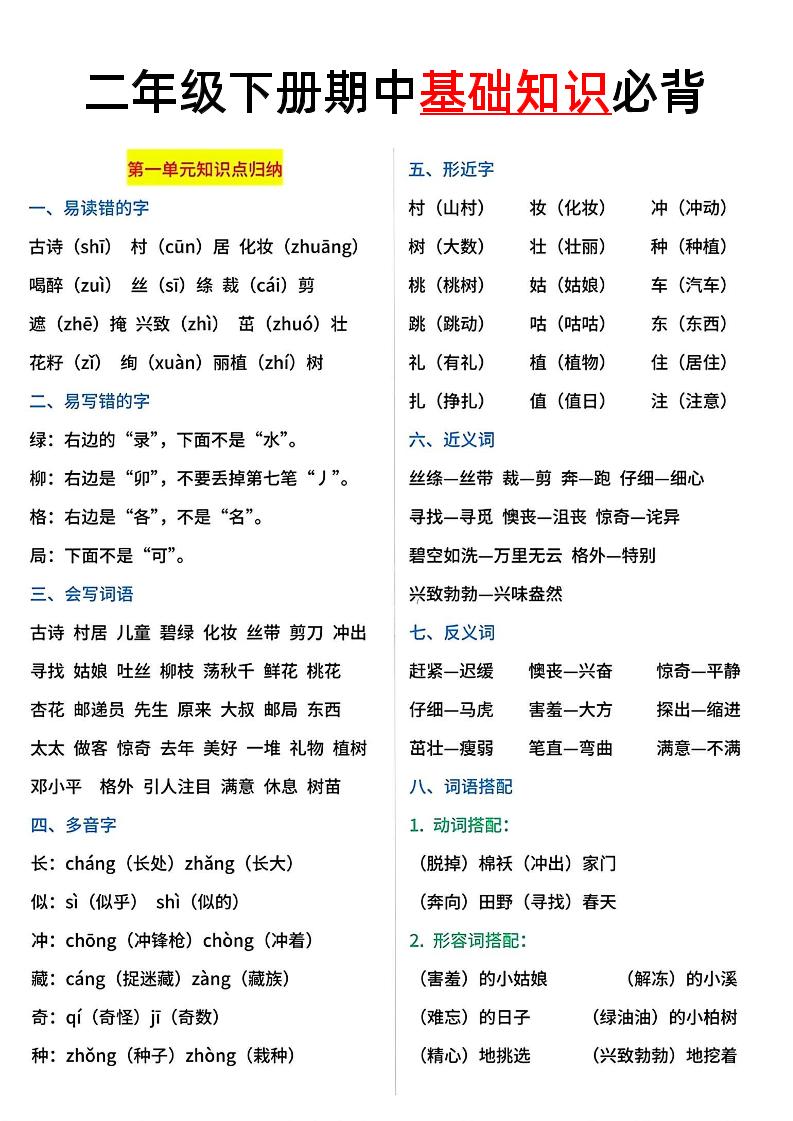 二年级语文下册期中基础知识必背5页