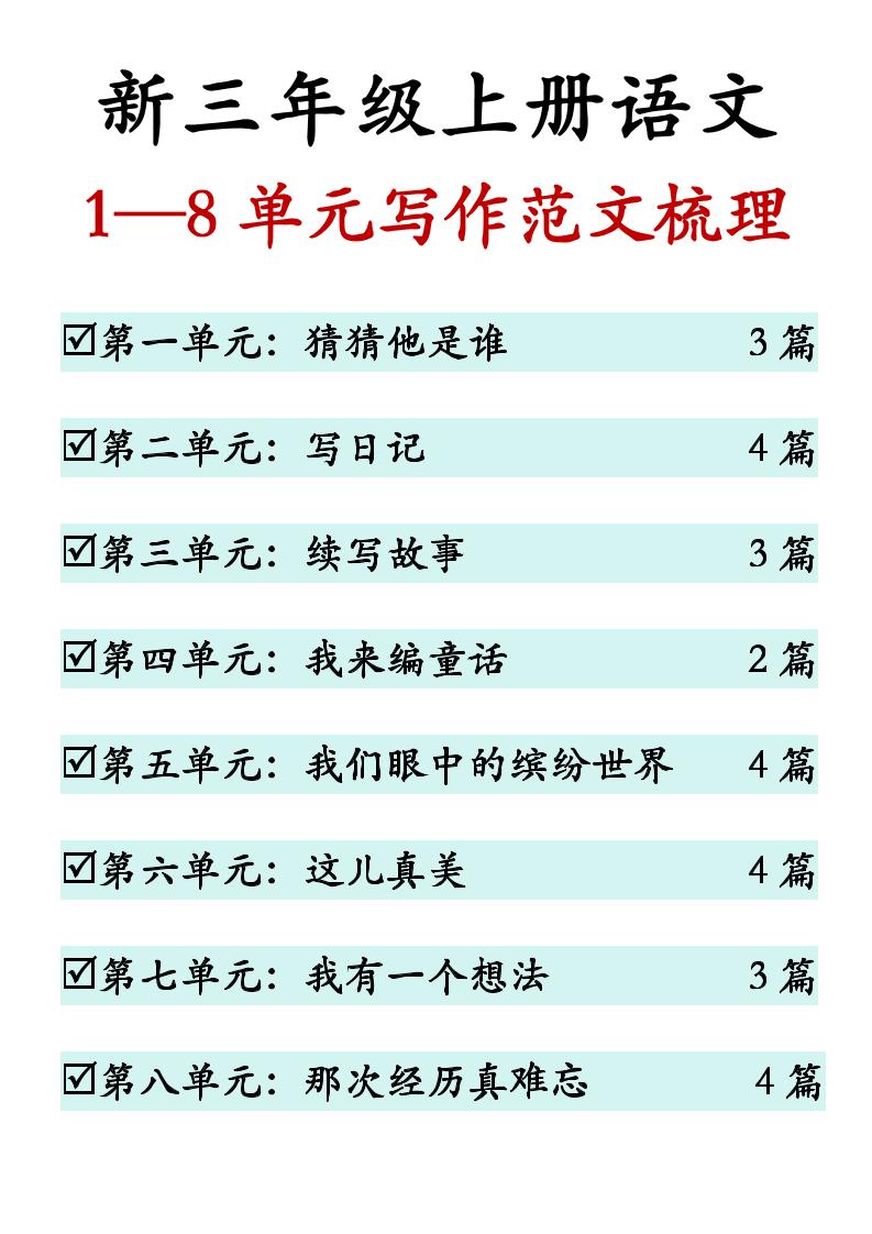 新三年级上册语文1-8单元同步作文范文（27页）