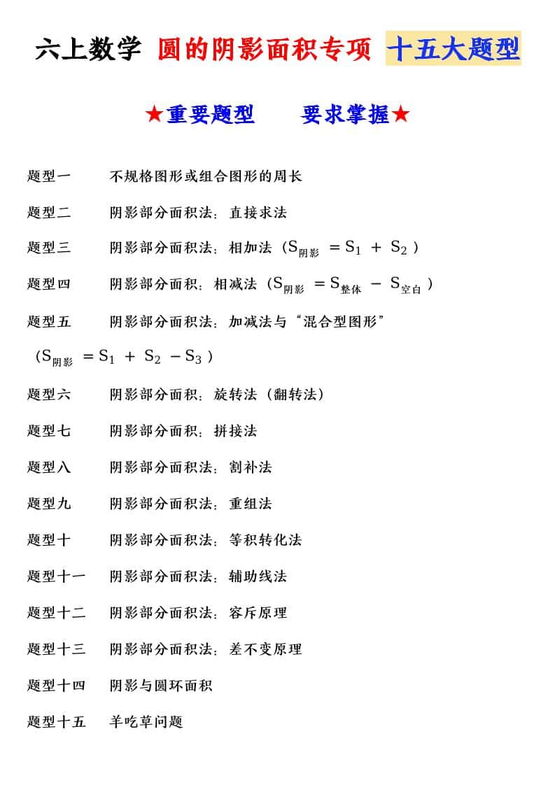 六年级上册数学圆的阴影面积专项十五大题型 六年级上册数学圆的阴影面积专项十五大题型