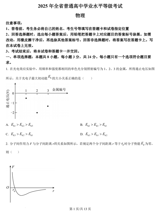 (网络+收集版)2025年高考山东物理高考真题文档版(含答案)