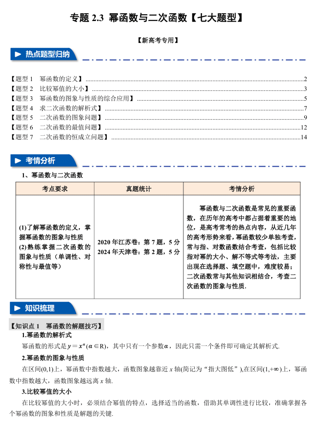 2026年高考数学一轮复习【举一反三】专练(新高考专用)专题练系列 2.3 幂函数与二次函数【七大题型】