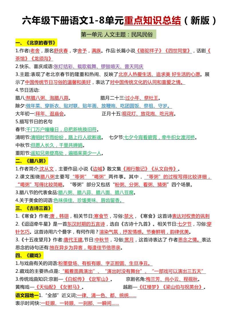六年级下册语文1-8单元常考知识点总结