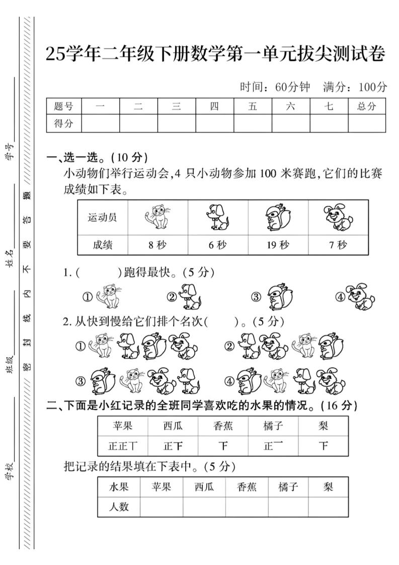 二年级下册数学第一单元拔尖测试卷3（4页）人教